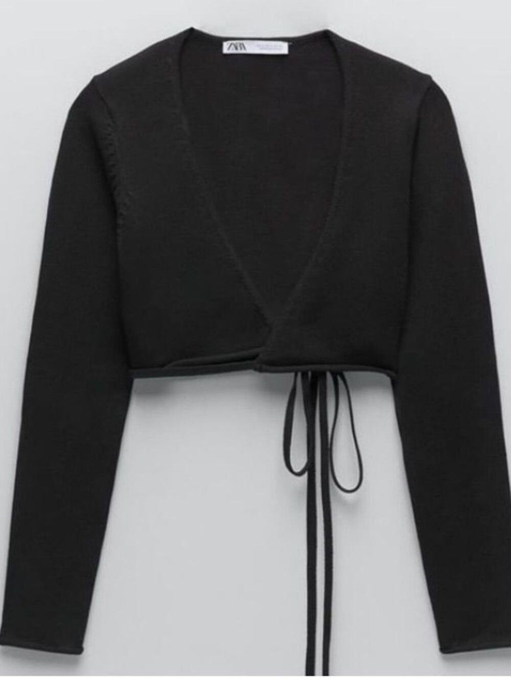 Zara Black Wrap Knit Top XS Long Sleeve Deep V Neck Tie Waist Cropped